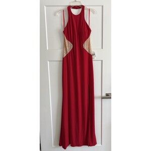 Jodi Kristopher Evening Grown Formal‎ Prom Red Sparkly Maxi Halter Dress Size 13